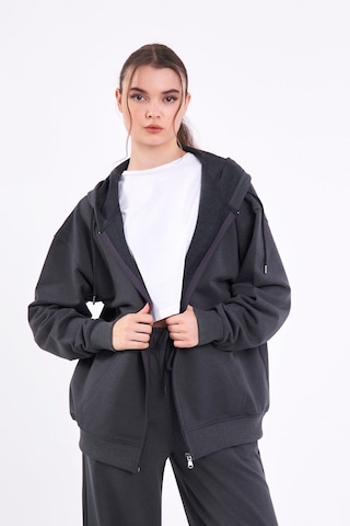 Comeor Antrasit Kanguru Cepli Kapüşonlu Fermuarlı Oversize Kadın Sweatshirt Cmrb73-antrasit Antrasit