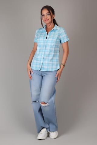 Sweetness Kadın Mavi Kareli Kısa Kollu Pamuklu Gömlek Dk-1190 Mavi