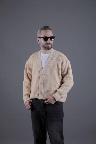 Dokulu Oversize Erkek Kalın Hırka Krem