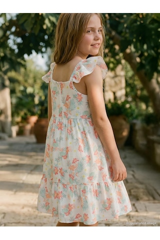 Civil Girls Çiçekli 6-9 Yaş Elbise - Yeşil Açık Mint Yeşili