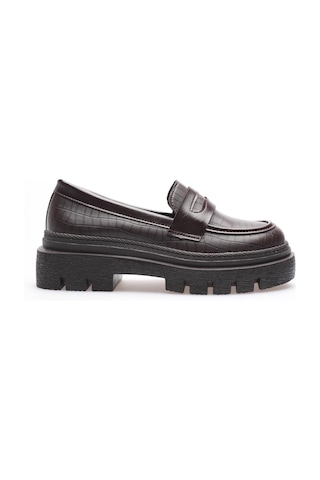 Kadın Deri Loafer Oxford Krokodil Desenli Kalın Comfort Tabanlı Kahve Carmin Kahverengi
