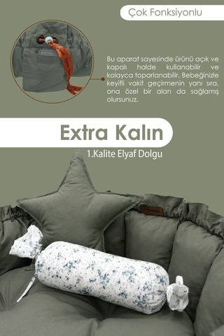 Mordesign Bebek Yatağı Ve Oyun Halısı, Babynest, Yenidoğan Oyun Halısı, Açılır/kapanır Yatak, Bloom Serisi 135 X 135 Haki