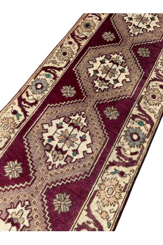 El Dokuma Sıfır Uşak Halısı 78x330 Yolluk Kök Boya Yün Mor Halı