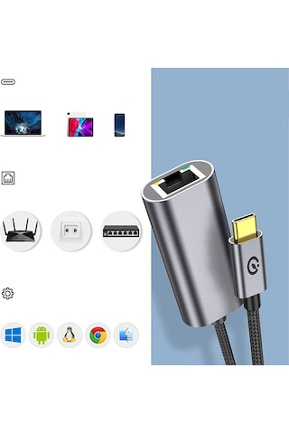 Mobilteam Siyah Qg04 Type-c To Rj45 Ethernet Dönüştürücü Kablo 1024mbps 22cm