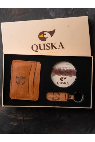 Quska Kişiye Özel İsimli El Yapımı Hakiki Deri Taba Kartlık+anahtarlık Hediyelik Set- Grain Minimal Taba
