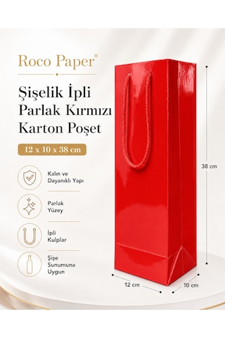 Şişelik İpli Kırmızı Karton Poşet, 1 Adet-12x10x38 Cm, Kalın Yapı
