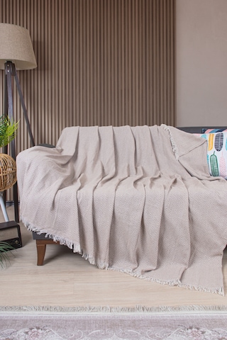 Pamuklu Zikzak Desenli Püsküllü Koltuk Örtüsü 170x210 Cm Dekoratif Ve Çok Amaçlı Bej