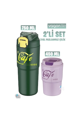 Vagonlife 2'li Çelik Termos-kahve Bardağı Seti 750ml Çift Kullanım Termos//450ml Mug Kahve Bardağı Yeşil - Mor