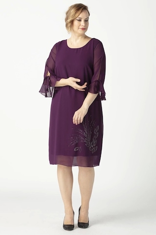 Moda Berray 3132 Taş Baskılı Şifon Tarz Büyük Beden Şık Elbise Mürdüm Mürdüm
