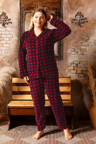 Nisanca Büyük Beden Kışlık Düğmeli Gömlek Pijama Takımı Bordo