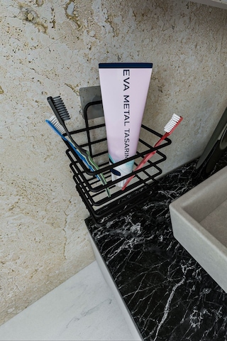 Eva Metal Tasarim Yapışkanlı Metal Diş Fırçalık Siyah