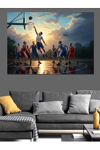 Basketbol Maçında Smaç Yapan Oyuncular Dekoratif Kanvas - Mdf Ahşap Tablo