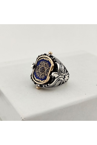 925 Ayar Gümüş Mavi Mineli Çift Taraflı Mührü Süleyman Erkek Yüzük Silver