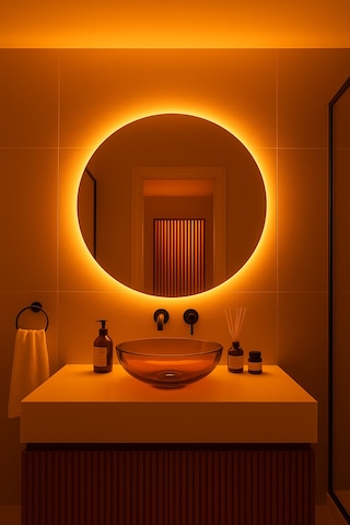 Digital Hayat Amber Led Işıklı Yuvarlak Ayna Dekoratif Banyo Makyaj Aynası Koyu Sarı Sarı