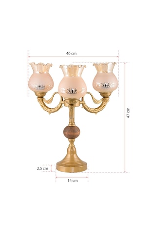 Üçlü Şamdan Masa Lambası Abajur Eskitme Bal Rengi Camlı Eskitme
