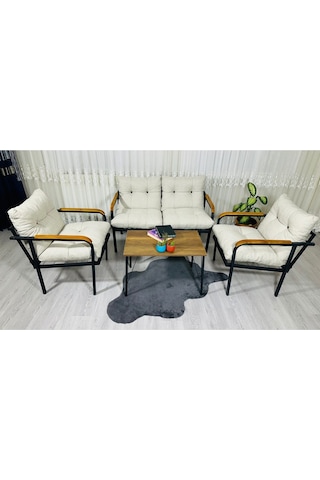 Madame Home Kaktüs Balkon, Bahçe,teras,cafe - Salon - Metal Kanepe Koltuk Takımı - 2 1 1 Sehpa Krem