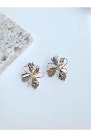 Vip Çift Renkli Çiçek Kadın Küpe Sevgiliye Hediye Altın