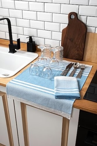 2'li Mutfak Kurulama Bezi,%100 Pamuk Yüksek Su Emici, Beslenme Örtüsü, Çok Amaçlı Servis Peçetesi 45x60cm Mavi Genel