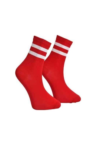 Unisex Beyaz Çift Şeritli Çorap Kırmızı - Lksçrp09-36-44 (544288324) Çok Renkli