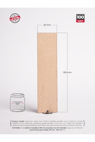 Ahşap Mum Fitili 25 Mm Genişlik Nikel Kaplama Çelik Taban, 3m Köpük Bantlı, 100 Lü Set Ahşap