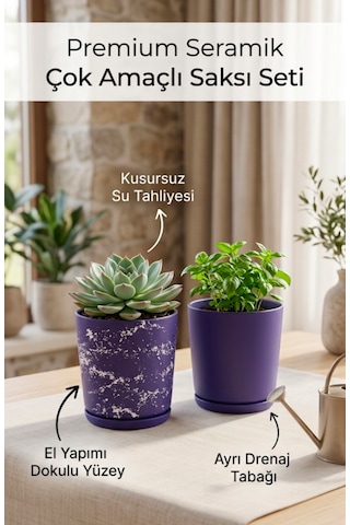 2 Li Seramik Saksı Kalemlik,fırçalık,masa Organizeri / Modern Dekoratif El Yapımı Tasarım Mor