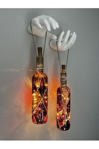 Heykel El Dekorlu Led Işıklı Kahverengi Vitray Cam Şarap Şişesi A Çok Renkli