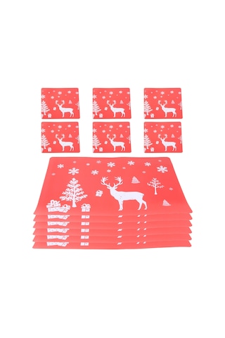 Bairuntong Noel Amerikan Servisi Yıkanabilir Mat Seti 6'lı Amerikan Servisi Ve 6 Bardak Matı Kırmızı