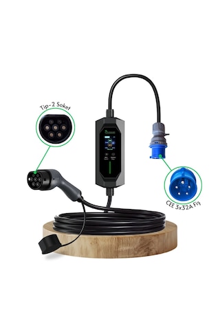 Elektrikli Araba Taşınabilir Şarj Istasyonu 7 Kw / 32a / Tip-2 / 3x32a Fiş / Monofaze / 5m / Çantalı / Ev Tipi Dönüştürücü Kablolu Türkçe Menü Yerli Üretim 3,7 - 7,4 Kw