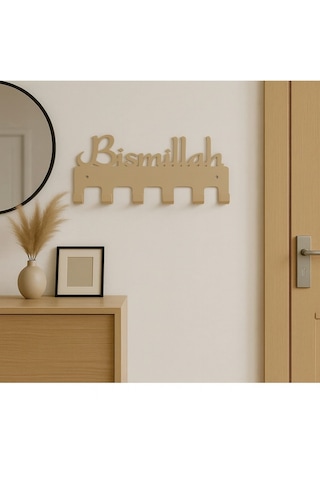 Lunoart Bismillah Yazılı Metal Anahtarlık Askılığı Siyah 6 Askılı Modern Duvar Dekoru Vizon