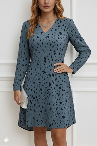 Tua Moda Kadın Uzun Kollu V Yakalı Desenli Kısa Keten Elbise Gri