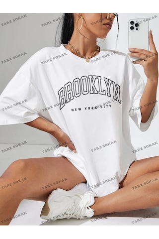 Adrift Brooklyn Baskılı Oversize Kalıp Unisex T-shirt Beyaz