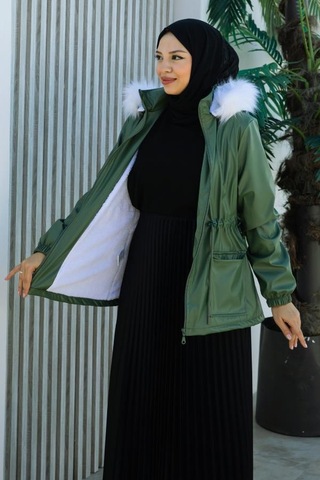 Belden Bağcık, Fermuar Detaylı Kapşonlu Kısa Deri Mont-brc6265 Haki