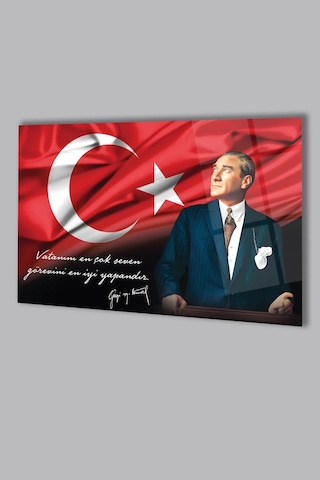 Atatürk Portre Ve Türk Bayrağı Vatanını En Çok Seven Görevini En İyi Yapandır Cam Tablo, Hediyelik