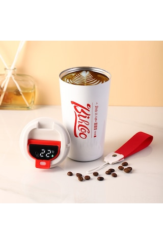 Yunboo Beyaz Akıllı Sıcaklık Ölçer Çelik Termos Bardak, 510ml, Ofis Ve Araçta Kullanım, Isı Saklama, Konforlu Günlük Kullanım Beyaz