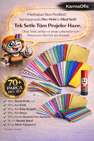Dev Okul & Hobi Seti 70+ Parça Eva Keçe Elişi Kağıdı Fon Karton Grapon Şönil Yapıştırıcı Seti