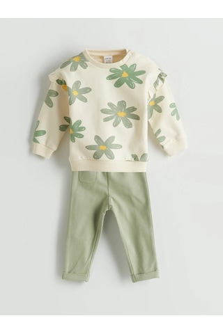 LC Waikiki Lcw Baby Ekru Çiçekli Kız Bebek Sweatshirt Ve Pantolon 2'li Takım Cream Prınted