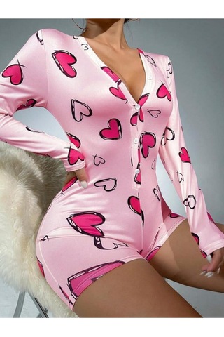 Bi Cool Pamuklu Pembe Kalp Desenli Düğmeli Uzun Kol Tulum Pijama Çok Renkli