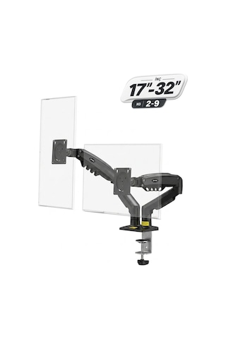 17-32 İnç Amortisörlü Çift Kollu Monitör Kolu Tam Hareketli Vesa Uyumlu Masa Kelepçeli Monitör Standı 2-9 Kg - Siyah