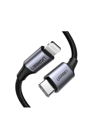 Ugreen Usb-c - Lightning 3a Pd Mfi Sertifikalı Örgülü Hızlı Şarj Kablosu, 1 M, Siyah,