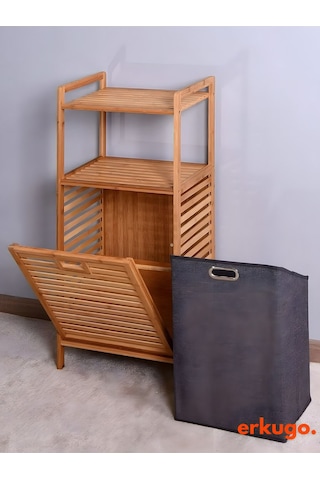Bambu 2 Raflı Kirli Sepeti, Çok Amaçlı Banyo Düzenleyici, Çamaşır Sepeti Organizer, Raf Bambu