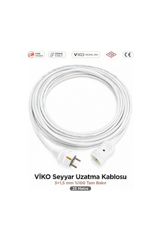 Viko Seyyar Uzatma Kablosu 25m 25 Metre 3x1.5 Mm %100 Bakır Öznur Kablo Viko Erkek Dişi Fiş Klemens Terminalli Topraklı Tse Ce Belgeli 25 M