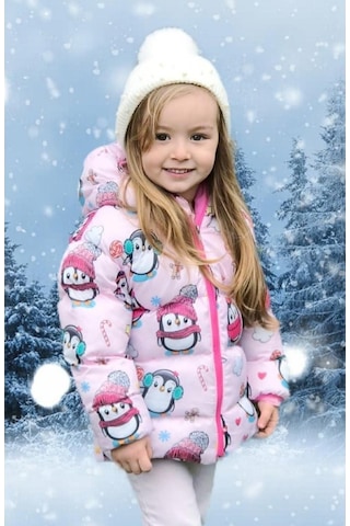 Kız Çocuk Polarlı Kürklü Kapüşonlu Şeker Desenli Kışlık Şişme Mont & Kaban & Parka Digital Baskılı