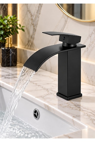 Siyah Şelale Lavabo Bataryası Mat Siyah Kare Banyo Lavabo Musluğu Paslanmaz Gövde Tek Kollu Sıcak Soğuk Batarya