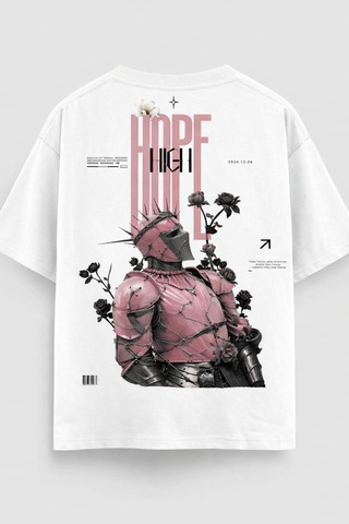 Yolo Street Oversize Hope High Şövalye Gül Baskılı Unisex Tişört %100 Pamuk Streetwear Beyaz1