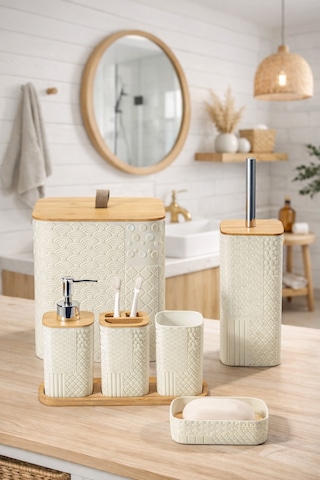 Makri Home Desenli 7 Parça Bambu Kapaklı Ve Aksesuarlı Banyo Seti Mavi