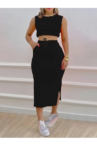 Gülsüm Aydın Kadın Iki Iplik Crop Etek Ikili Takım Siyah