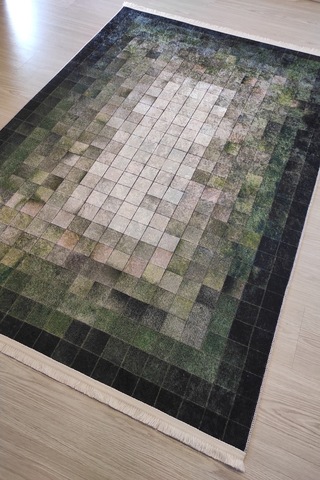 Yeşil Siyah Krem Damax Desenli Salon Halısı Butik Halı Modelleri