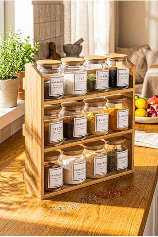 Prime - 3 Katlı Saklama Kabı Organizer Bambu Standlı Baharatlık Seti Diğer