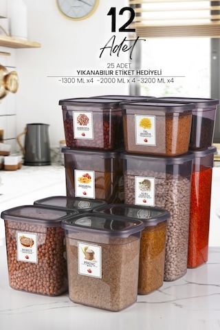 KitchenLife 12'li Etiketli Moly Dikdörtgen Erzak Saklama Kabı Seti X4 1300ml-2000ml-3200ml Geniş - Sert Kapaklı Çok Renkli