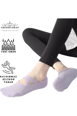 Trendcorap Premium Kadın Kaydırmaz Silikon Baskı Tabanlı Pilates Yoga Fitness Bale Dans Aktivite Çorabı 9'lu Renkli